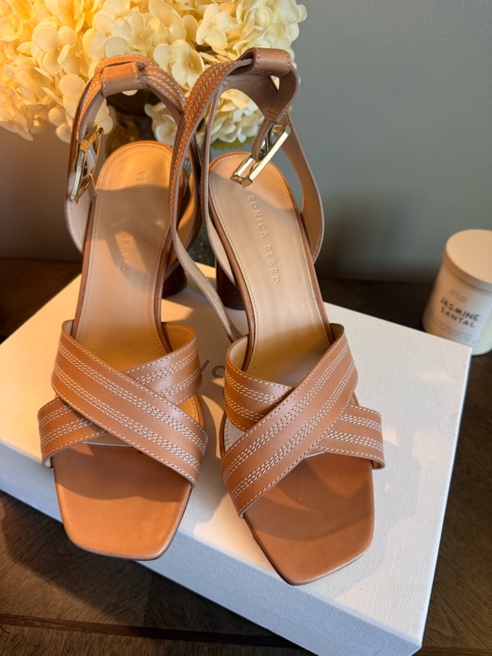 Veronica Beard Tan Leather Block-Heel Sandals with Gold Buckle - Picture 2 of 11